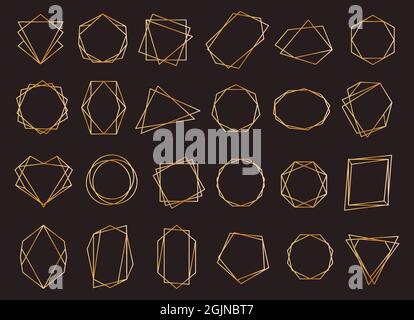 Gold geometric frames, diamond shapes polygonal crystals. Retro golden borders, elegant polygon lines for wedding invitation card vector set. Luxury decoration with shiny chic elements Stock Vector