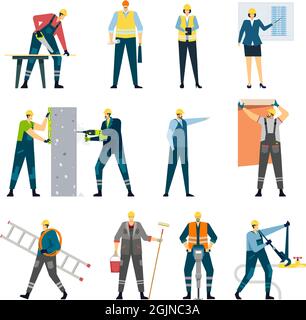 Building construction worker, contractor, engineer, architect, builder. Professional maintenance, home renovation and repair workers Vector set. Wallpapering and painting walls with roller Stock Vector