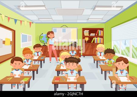Cartoon teacher with pupils, school kids sitting at desks in classroom. Elementary school children studying in class vector illustration. Children having geography test or exam, getting knowledge Stock Vector