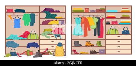 Messy wardrobe, open closet before and after organizing clothes. Tidy or untidy wardrobe, clothing declutter and organization vector illustration. Arranged and scattered outfits and accessories Stock Vector