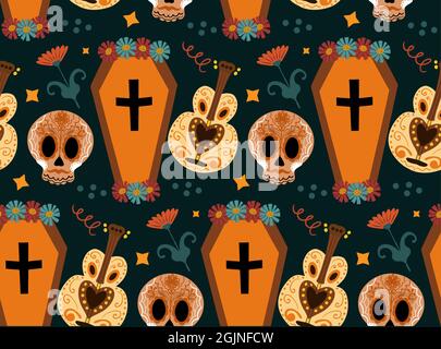 Day of the dead seamless pattern. Dia de los Muertos hand drawing repeating texture. Mexican holiday Halloween with sugar skulls background wallpaper Stock Vector