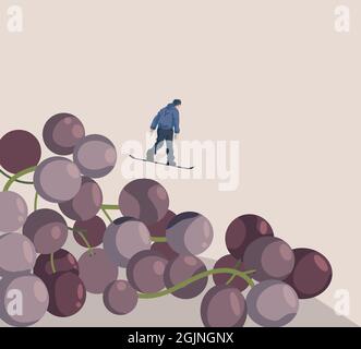 Branch of grapes. Summer rest. Flat vector illustration. Poster or flyer design template. Snowboarder jumping from a branch of grapes. The man on the Stock Vector