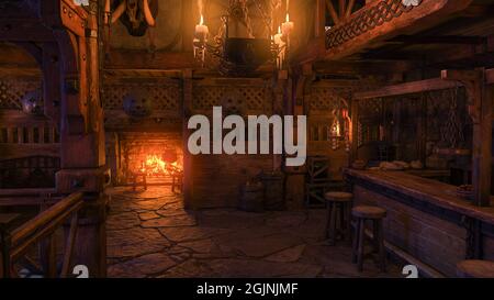 A medieval tavern bar interior lit by candle light and a fire burning in the fireplace. 3D illustration. Stock Photo