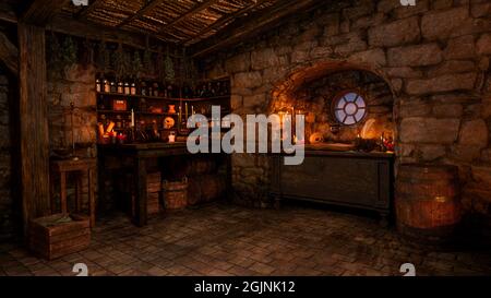 3D illustration of a fantasy witch's cottage interior lit by candles ...