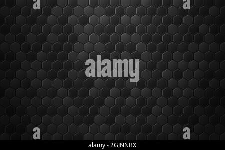 Hexagon abstract background. Dark honeycomb design. Black metal texture. Gray carbon effect. Steel backdrop with shadow. Vector illustration. Stock Vector