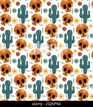 Day of the dead seamless pattern. Dia de los Muertos hand drawing repeating texture. Mexican holiday Halloween with sugar skulls background wallpaper Stock Vector