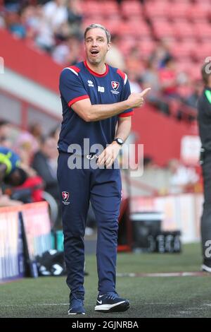 LONDON, UK. SEPT 11TH Michael Duff manager of Cheltenham Town on the touchline during the Sky Bet League 1 match between Charlton Athletic and Cheltenham Town at The Valley, London on Saturday 11th September 2021. (Photo by: Tom West | MI News) Credit: MI News & Sport /Alamy Live News Stock Photo