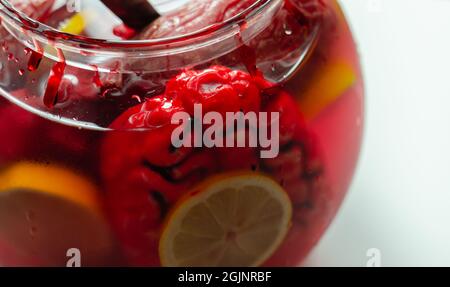 Punch prepared for Halloween party with decorative elements stylized as human organs, scary drink Stock Photo