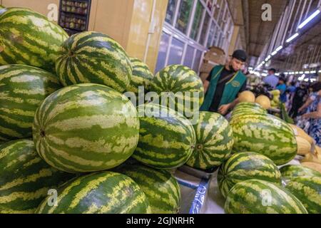 Watermelons on display sold in the indoors market in Astana, Nur-Sultan, Kazakhstan Stock Photo
