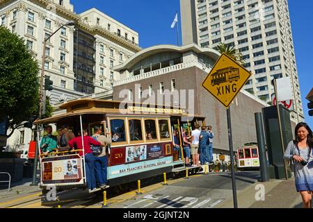 Antique Cable Car Powell Mason Line on Powell Street at California Street in downtown San Francisco, California CA, USA. Stock Photo