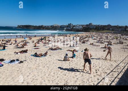 Sydney, Australia. Saturday11th September 2021. People relaxing on Bondi Beach as spring temperatures reach 27 degrees today. Covid-19 restrictions are set to ease on Monday for people in certain parts of Sydney who are fully vaccinated. Up to five people will be allowed to gather outside.. Credit: Paul Lovelace/Alamy Live News Stock Photo