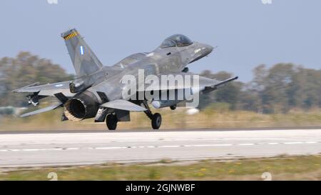 Andravida Greece APRIL, 03, 2019 General Dynamics F-16 C Fighting Falcon of Hellenic Air Force HAF Stock Photo