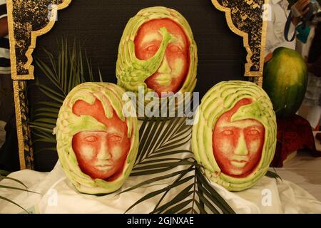 Hand carving on watermelon Stock Photo