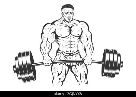 Vector illustration of a bodybuilder with barbell. Vintage cartoon of a bodybuilder or powerlifter. Strong man. Stock Vector