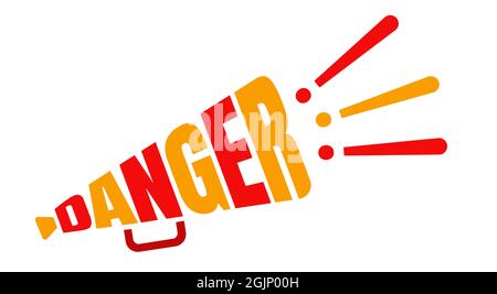 Vector typography with megaphone and text of danger. Lettering danger megaphone. Stock Vector