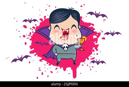 Vector illustration of a vampire in kawaii style. Illustration of a cute kid in Dracula costume. Halloween monster with blood drop. Stock Vector
