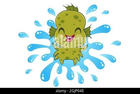 Vector illustration of a water monster in kawaii style. Illustration of a cute kid in Aqua monster costume. Halloween monster with water drops. Stock Vector
