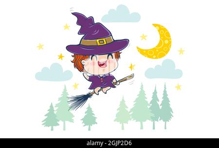 Vector illustration of a witch in kawaii style. Kawaii Illustration of a cute kid in witch costume. Halloween monster. Stock Vector