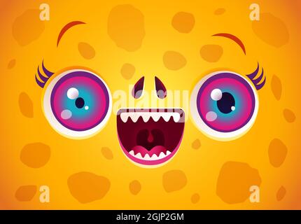 Vector cute face of yellow monster for Halloween mask. Kawaii face of dragon with red eyes for Halloween costume. Funny zombie face. Stock Vector