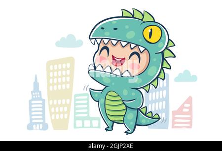 Vector illustration of a dragon in kawaii style. Illustration of a cute kid in Godzilla costume and buildings. Halloween monster in city. Stock Vector