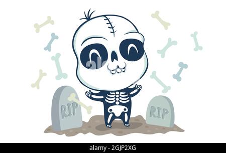 Vector illustration of a skeleton on cemetery in kawaii style. Illustration of a cute kid in skeleton costume. Halloween monster and graves. Stock Vector