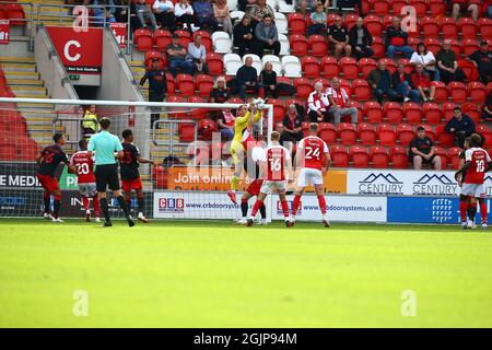 AESSEAL New York Stadium, Rotherham, England - 11th September 2021 Alex Cairns Goalkeeper of Fleetwood collects the ball   during the game Rotherham v Fleetwood, EFL League One 2021/22, AESSEAL New York Stadium, Rotherham, England - 11th September 2021 Credit: Arthur Haigh/WhiteRosePhotos/Alamy Live News Stock Photo