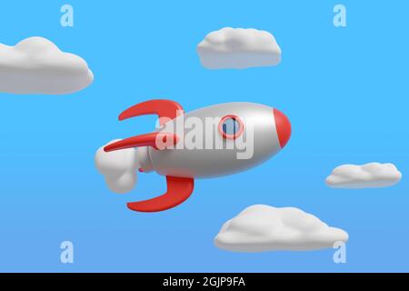 Cartoon spaceship on blue sky. 3d illustration. Stock Photo