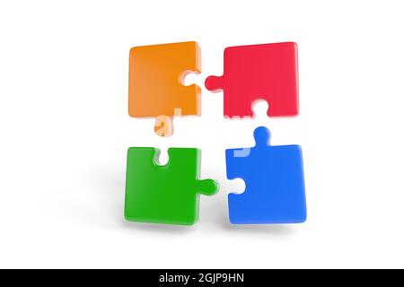 Four puzzle pieces, red, blue, green and orange, coming together in three dimensions. Teamwork concept. 3d illustration. Stock Photo