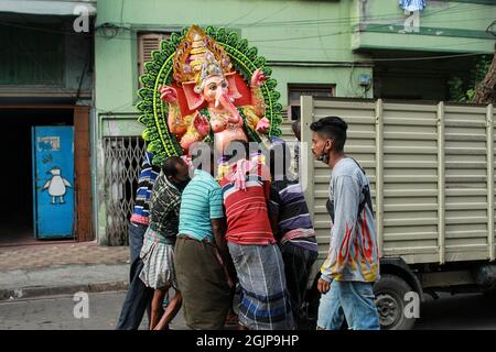 Kolkata, India. 09th Sep, 2021. The home coming of Lord Ganesha is happening today at Kumortuli in Kolkata. This year Ganesh Chaturthi 2021 will be celebrated on Friday, 10 September 2021. Ganesh Chaturdashi, also called as Vinayak Chaturdashi, is an important Hindu festival. Ganesh Chaturdashi marks the birth anniversary of Lord Ganesha who is the son of Lord Shiva, and Goddess Parvati. Lord Ganesh is the symbol of education, wisdom, good fortune and prosperity. (Photo by Snehasish Bodhak/Pacific Press/Sipa USA) Credit: Sipa USA/Alamy Live News Stock Photo