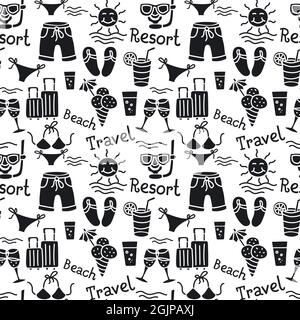 vacation and beach resort black seamless pattern Stock Vector
