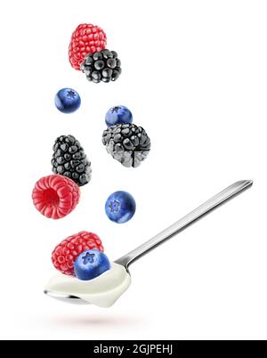 Yogurt with fruits. Flying berries (blueberry, raspberry, blackberry) over of spoon of greek yogurt isolated on white background Stock Photo