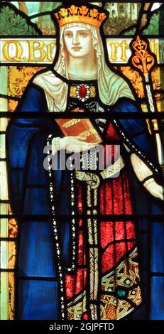 Queen Bertha of Kent, stained glass window, by J. Powell & Son, 1900, Blakeney, Norfolk, England Stock Photo