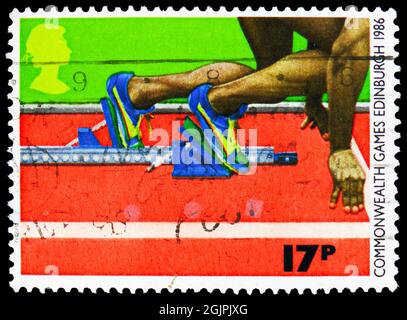 MOSCOW, RUSSIA - APRIL 17, 2021: Postage stamp printed in United Kingdom shows Athletics, Commonwealth Games - 1986 serie, circa 1986 Stock Photo