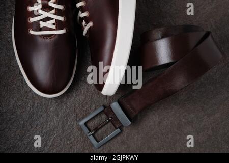 Brown leather shoes and leather belt Stock Photo