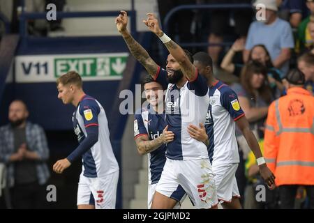 Kyle Bartley #5 of West Bromwich Albion and Alex Mowatt #27 of West Bromwich Albion celebrate West Bromwich Albions opening goal to make it 1-0 to West Bromwich Albion. Stock Photo