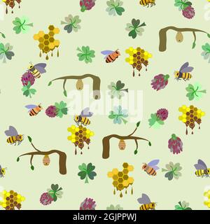 pattern with bee, honeycomb, clover flowers, leaves Stock Vector