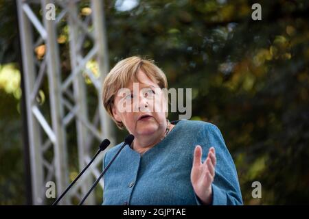 Warsaw, Poland. 11th Sep, 2021. Angela Merkel speaks during a press conference at the Royal Lazienki Park (?azienki Królewskie) in Warsaw.German chancellor Angela Merkel is visiting Warsaw for a last before retiring from politics. Mrs. Merkel attended to a press conference with Polish Prime Minister Mateusz Morawiecki after their meeting in Royal Lazienki Park (?azienki Królewskie) in Warsaw. Credit: SOPA Images Limited/Alamy Live News Stock Photo