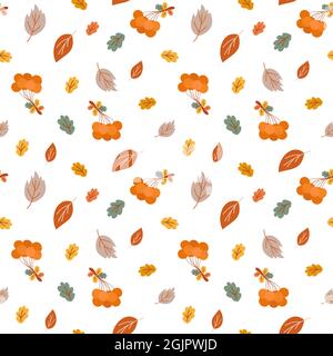 Bunch of red ripe berries with autumn brightly colored leaves seamless pattern, seasonal fall simple ornament, minimalist concept Stock Vector