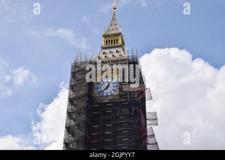 London, United Kingdom. 11th September 2021. Big Ben's renovated clock face has been unveiled as refurbishment nears completion. Credit: Vuk Valcic / Alamy Live News