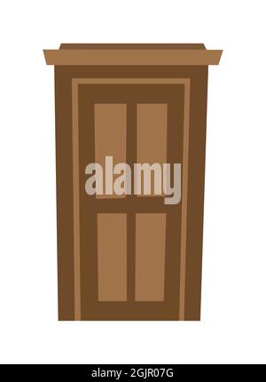 Door is closed. Doorway of house or apartment. Brown. Entrance is outside. Cheerful cartoon style. Isolated on white background. Vector Stock Vector