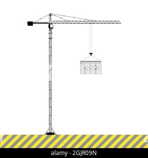 Happy New Year and Merry Christmas concept. Tower crane lifts a block labeled 2022. Flat vector illustration. Stock Vector