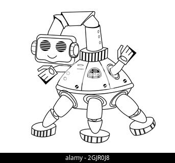 Outline cute robot cartoon character for children color book, vector isolated. Stock Vector