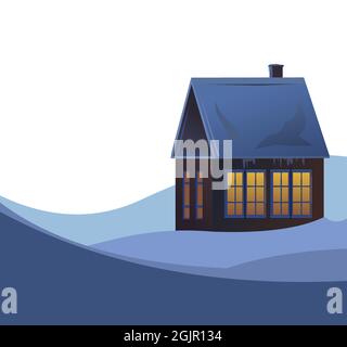 Rural small house in winter. Landscape. Drifts. Christmas night. Quiet winter evening. Isolated. Gable roof is covered with snow. Nice and cozy Stock Vector