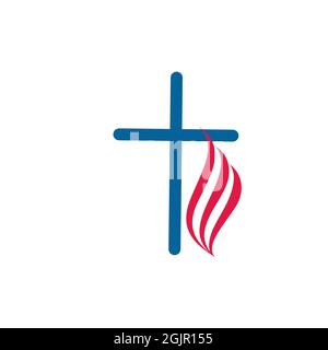 Cross on fire christian church logo. Vector icon for christian organizations. Fire sign in a shape of cross. Isolated abstract graphic design template Stock Vector