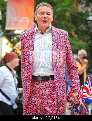London, UK. 11th Sep, 2021. As is the longstanding tradition, many audience members arrive at the Royal Albert Hall in colourful outfits, often themed around the Union Jack, before the Last Night of the Proms 2021. Credit: Imageplotter/Alamy Live News Stock Photo