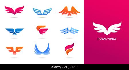 Collection of wings logos, icons and symbols. Fast delivery, motion and speed concept. Stock Vector