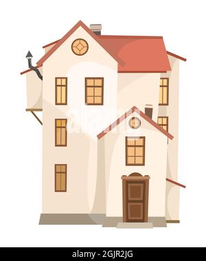 High cartoon house with a chimney. Cozy simple rural dwelling in a traditional European style. Three-story. Sweet home. Isolated on white background Stock Vector