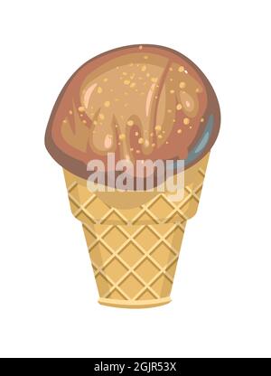 Chocolate ice cream. Summer food sweet dessert. Flat design. In a waffle glass. The object is isolated on a white background. Illustration Vector Stock Vector