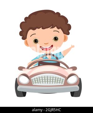 Kid drives a car. Childrens automobile. Toy vehicle. With a motor. Nice passenger mini auto. Pedal or electric. Isolated on white background. Vector Stock Vector