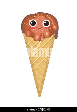 Chocolate ice cream. In a waffle cone. Summer food sweet dessert. Flat design. Nuts. Cartoon funny character. The object is isolated on a white Stock Vector